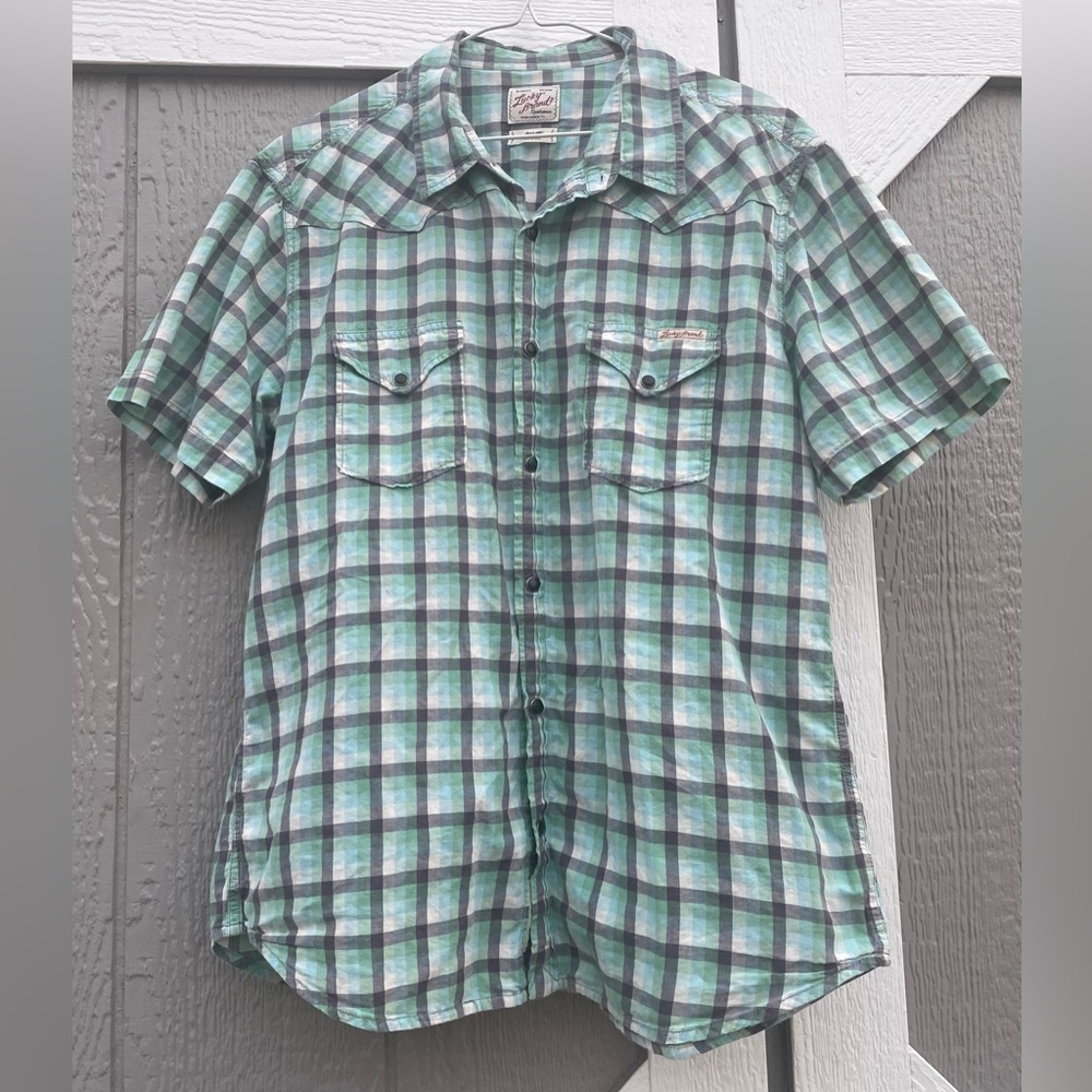 Lucky Brand Mens Western Short Sleeve Shirt Large Plaid Snap 100% Cotton Soft